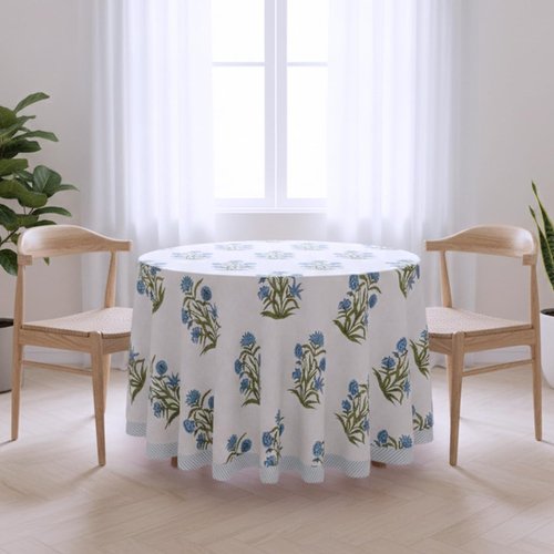 Blue & Green Floral Round Tablecloth | 100% Cotton Hand Block Printed Thanksgiving Table Cover, Premium Soft Fabric | for Dining Table , Festive, Home Décor & Thanksgiving (108 " Round Seats 8 to 10)