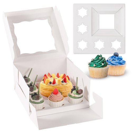 JCD 8 Packs 1+5 Cupcake Box Combo with Clear Window,1 small Cake and 5 Cupcakes Box with insert and Stickers, for Family Birthday Party Mother's day (1+5/8pcs)