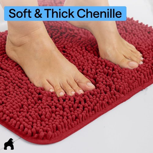 GORILLA GRIP Bath Rug Mat - Thick Soft Absorbent Chenille | Quick Dry Microfiber, 24x17, Red