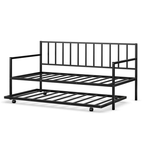 COSTWAY Twin Size Daybed and Trundle, Metal Frame Daybed and Roll Out Trundle w/Steel Slat Support & 4 Lockable Casters, Heavy-Duty Daybed for Guest Room, Bedroom (Black)