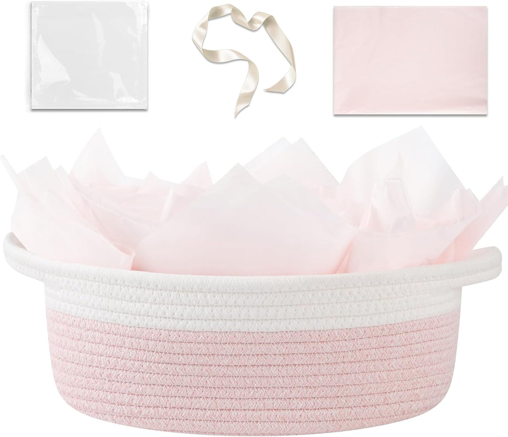 OIAHOMY Small Woven Gift Basket - 12"x8"x5" with Handle, Ribbon & Tissue Paper | Pink & White Dog Toy Organizer