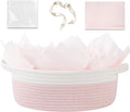 OIAHOMY Small Woven Gift Basket - 12"x8"x5" with Handle, Ribbon & Tissue Paper | Pink & White Dog Toy Organizer