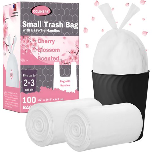 2.6 Gallon Scented Trash Bags with Handles (100 Bags) Small Bathroom Garbage Bags Wastebasket Can Liners for Home Office Bins (Cherry Blossom, 100 ct.)