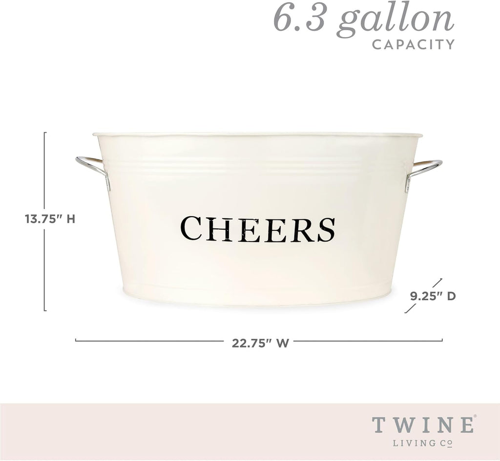 Twine Cheers Beverage Tub, Galvanized Tubs for Entertaining, Drink Buckets for Parties, Large Ice Tub and Gift Basket, Beer Buckets, Cream, 6.3 Gallons Set of 1