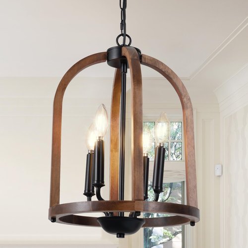 Farmhouse Wood Chandelier, 4-Light Light Fixtures, 12.6” Brown Wood Chandeliers for Dining Room, Hanging Pendant Chandeliers with Candle Style E12 Base for Living Room Kitchen Island Bedroom Foyer
