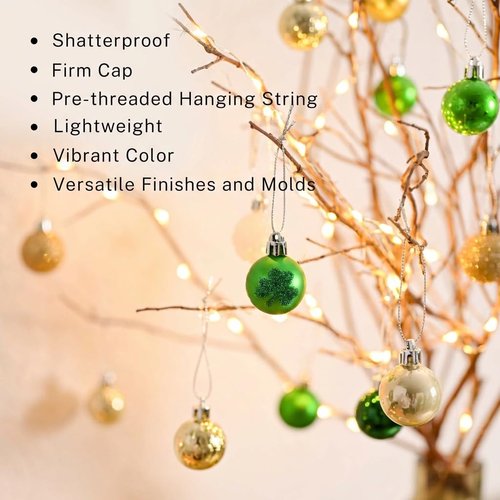 DecorbyHannah St Patricks Day Decorations Shamrock Irish Tree Ornaments Set, 25ct 1.18inches Mini Green Gold St. Patrick's Day Shatterproof Luck Clover Small Hanging Ornament for Christmas Day Party