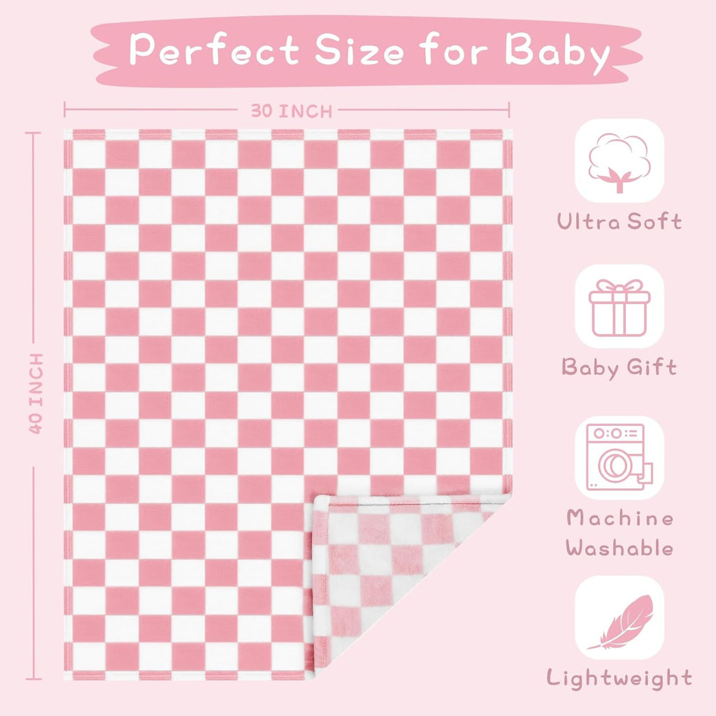 Yurhap Checkered Baby Blanket - Pink Fleece for Girls & Boys | Lightweight & Warm 30''x40''
