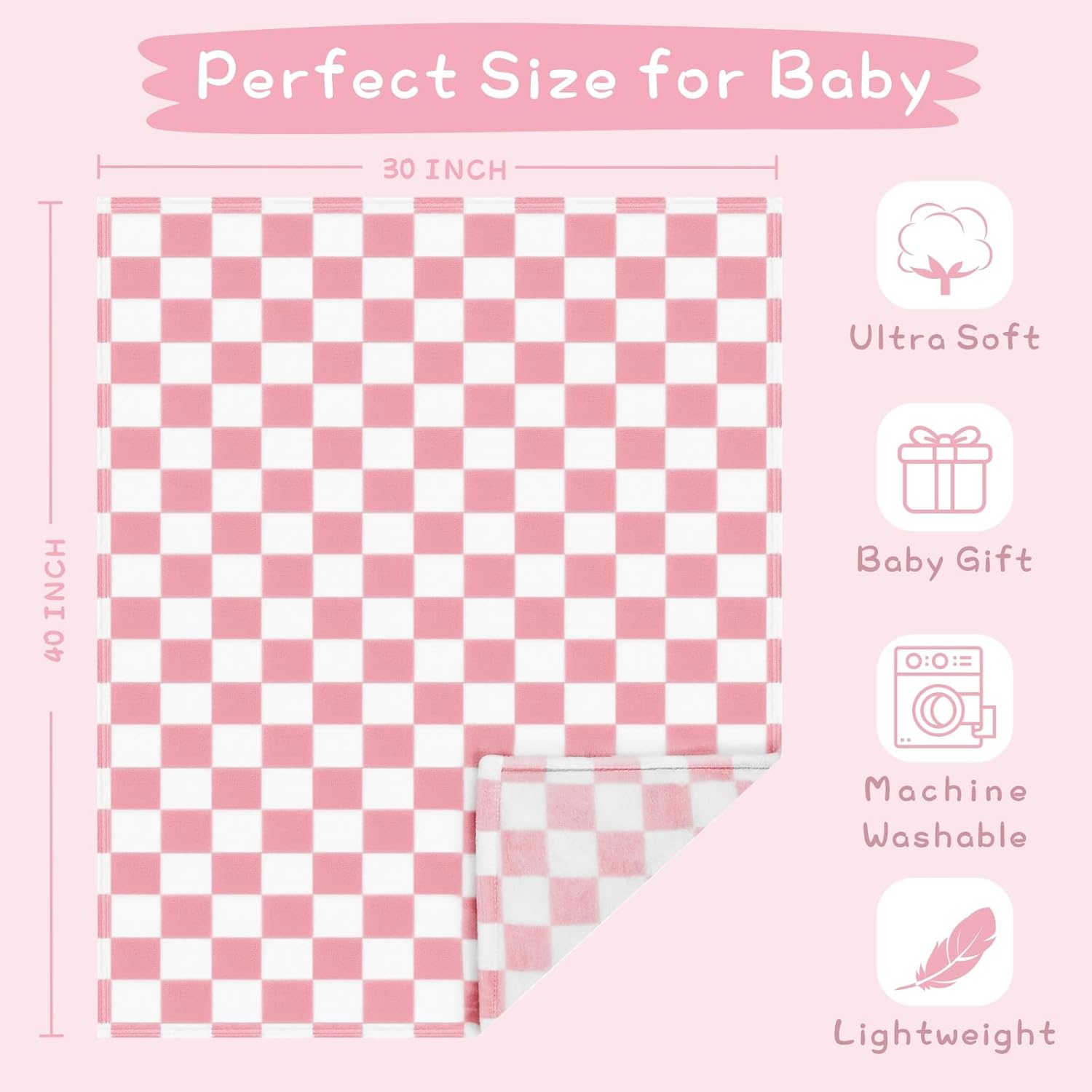 Yurhap Checkered Baby Blanket - Pink Fleece for Girls & Boys | Lightweight & Warm 30''x40''