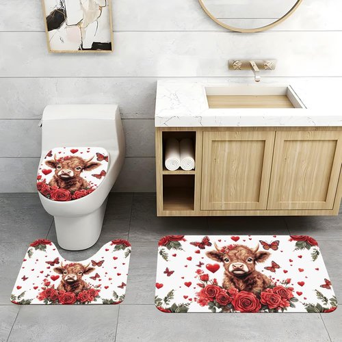 Lofaris Valentine Day Highland Cow Red Rose Shower Curtain Set - Romantic Farmhouse Bathroom Decor with red Butterflies, Includes Hooks - Valentines Bathroom Accessories