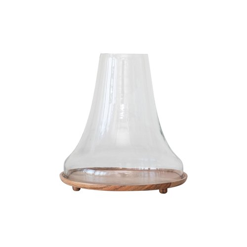 Creative Co-Op Reclaimed Glass Cloche with Mango Wood Base, Natural, Large, Clear