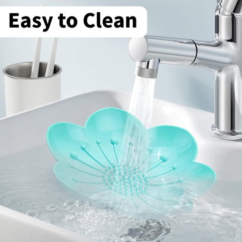 Soap Dishes 2 Pack Self Draining XL Flexible Bar Holder for Shower, Silicone Flower Soap Saver Tray for Counter Bathtub Sink Bathroom Decor with Drainage -Mirror Surface Easy Clean (Pink/Cyan Blue)