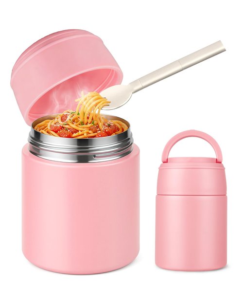 WXXM 10oz Soup Thermo for Hot Food Kids Insulated Food Jar with Spoon Wide Mouth Stainless Steel Lunch Container Leak Proof Vacuum Food Box for School Travel Picnic Pink