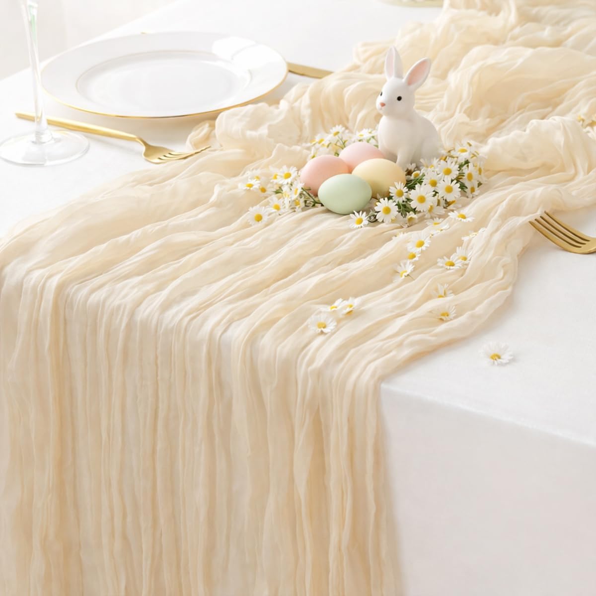 Sioloc Beige Cheesecloth Table Runner - Soft Gauze Boho Decor for Spring Events | 120'' x 35''