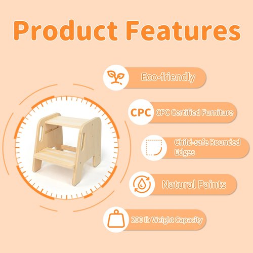 Step Stool for Toddler Kids Wooden – Height Adjustable 2-Step Ladder with Handles – Bathroom Sink Kitchen Bedroom Potty Training – Non-Slip Safety Design for Children 18 Months+