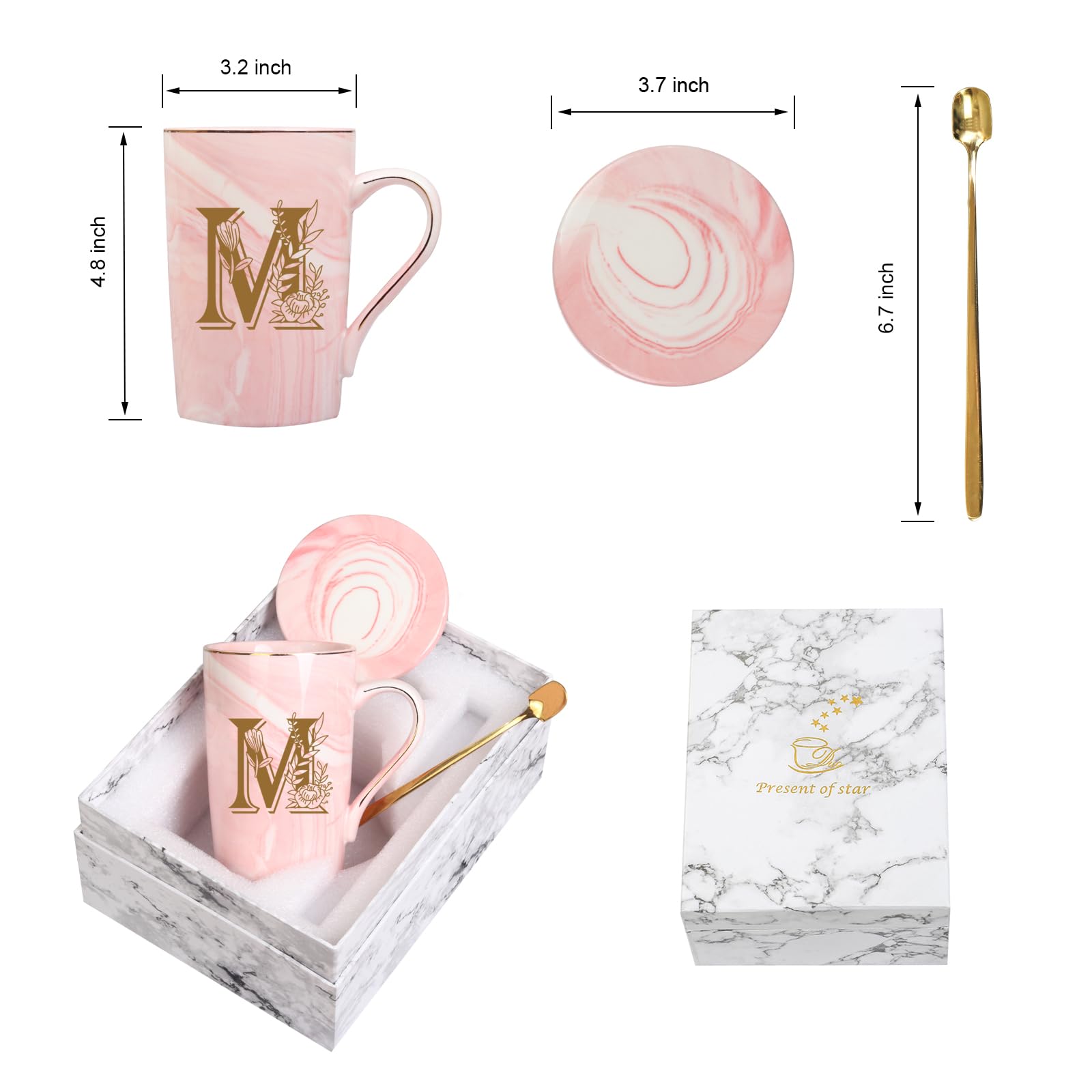 WENSSY Pink 14 Ounce Letter M with Flower Personalized Initial Mugs, Novelty Coffee Mugs for Women, Bridal Shower Gifts, Dishwasher Safe Porcelain Mug