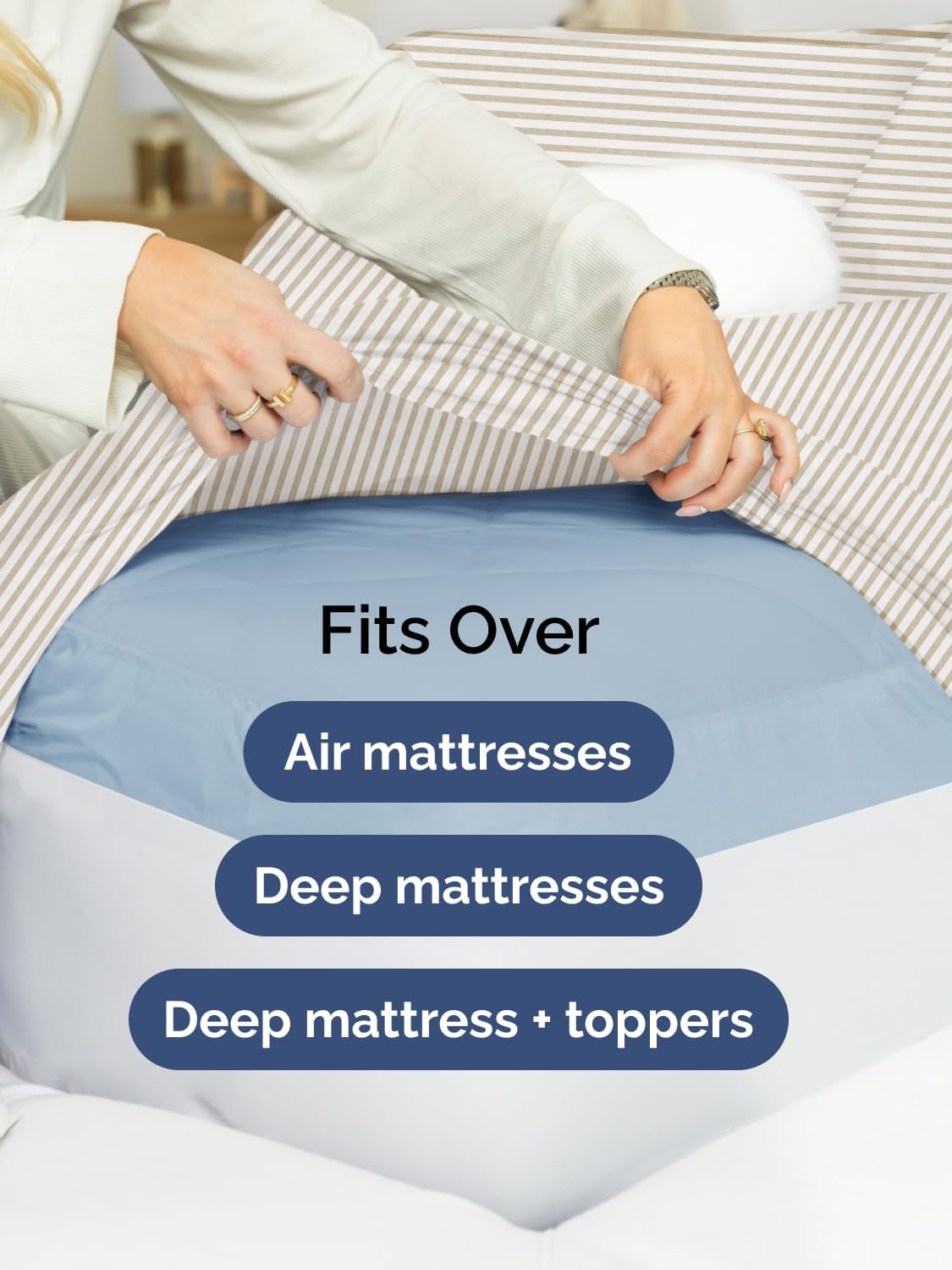 Skiennix Extra Deep Split King Sheet Set - 7 Piece Breathable Cooling Bedding - Soft Wrinkle-Free Beige Stripes