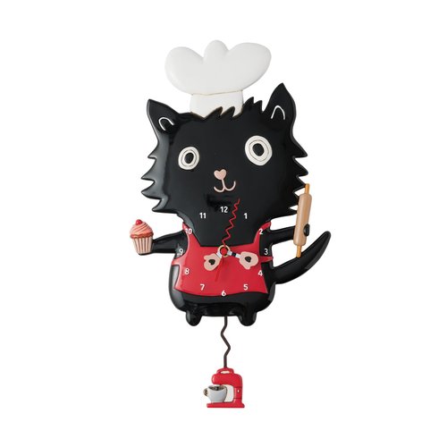 Enesco Allen Designs Cat Wearing Chef Hat Sugar Paws Sculpted Pendulum Wall Clock, 12.6 Inch, Multicolor