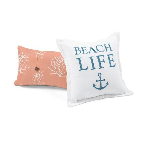 Lush Decor Coastal Reef Feather Reversible Quilt Set, 7 Piece Set Full/ Queen Blue & Coral - Queen Bedding Set Quilted - Coastal Decor - Beach House - Beachy Room
