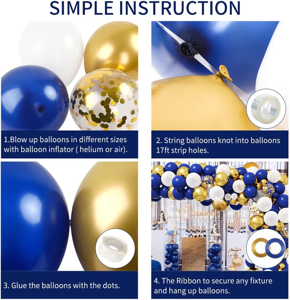 RUBFAC Royal Blue & Gold Balloon Garland Arch Kit - 142pcs for Graduation & Birthday Parties