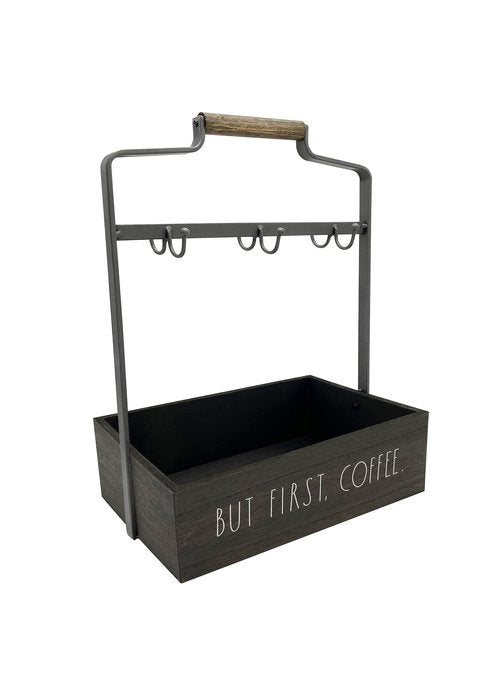 Rae Dunn Coffee Mug Holder - 6 Hook Coffee Cup Rack with Rectangular Rustic Style Crockery Holder - Storage or Display - Mug Stand Organizer for Kitchen Counter or Cafe Countertop - But First Coffee