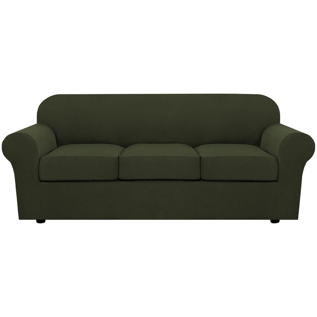 H.VERSAILTEX 4 Piece Stretch Sofa Covers for 3 Cushion Couch Covers for Living Room Furniture (Base Cover Plus 3 Seat Cushion Covers) Upgraded Thicker Jacquard Fabric (Sofa, Olive)
