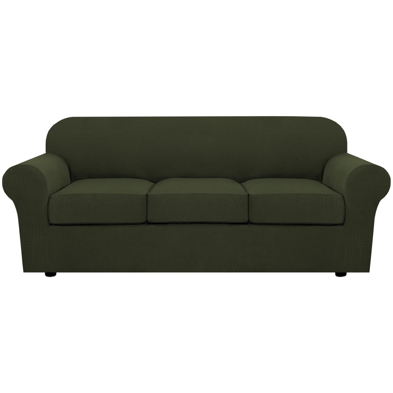 H.VERSAILTEX 4 Piece Stretch Sofa Covers for 3 Cushion Couch Covers for Living Room Furniture (Base Cover Plus 3 Seat Cushion Covers) Upgraded Thicker Jacquard Fabric (Sofa, Olive)