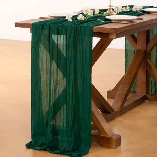 **Socomi Emerald Green Cheesecloth Table Runner - 120 Inch Rustic Boho Decor for Weddings & Events**