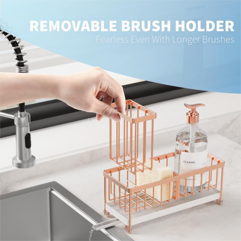 Cisily Kitchen Sink Caddy Organizer - Rustproof 304 Stainless Steel with High Brush Holder | Rose Gold, 9.25”