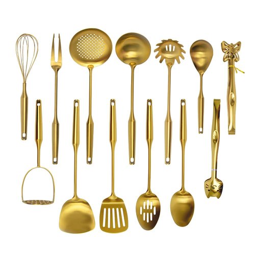 VALESKA 304 Stainless Steel Kitchen Utensils Set(Gold-13PCS),Include slotted spoon stainless steel, metal cooking slotted spoon, metal pasta spoon and etc,Easy to Clean