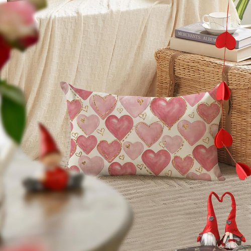 RABUSOFA Valentines Pillow Covers 12x20 Inch,Pink Hearts Golden Decorative Wedding Outdoor Lumbar Cushion Case Decoration for Home Sofa Couch(Pink, 20" x 12" (Pack of 1))