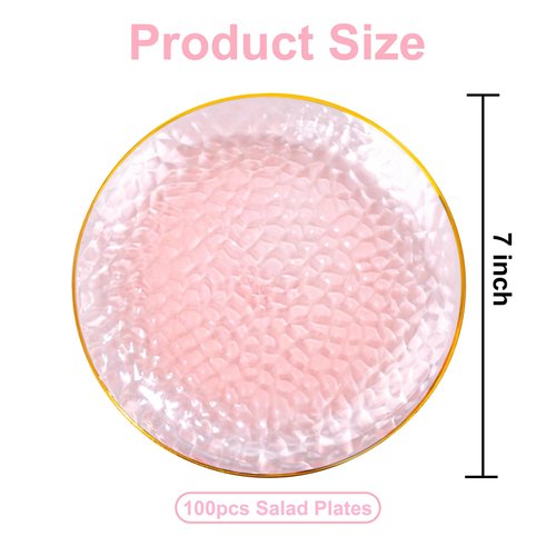 Rubtlamp 100 Pcs Pink Gold Dessert Plates hammered party plates, Pink Disposable Plates With Gold Rim, 7 Inch Dessert Platos Disposable, Plastic Appetizer Plates Perfect for Mother's Day