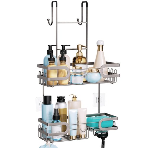 HapiRm Shower Caddy over Door- Hanging Shower Organizer with 14 Hooks and Soap Holder, Rustproof & Waterproof Stainless Steel Bathroom Shelf - Brushed Nickel