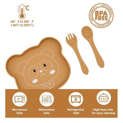 BabyX Baby Silicone Feeder Set, 3-pcs Jungle Wildlife-themed Baby Plate with Suction, Spoon and Fork for Babies Toddler Kids, BPA-Free, Baby Utensils Feeding Supplies, Microwave and Dishwasher Safe