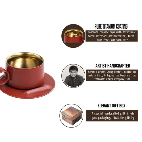 EartAura Designer’s Original Handmade Ceramic Coffee Mugs with Saucer，Food-Grade Titanium, Unique Ring Coffee cup for Office and Home, Birthday，Valentine's Gifts for Men and Women (Cherry red)