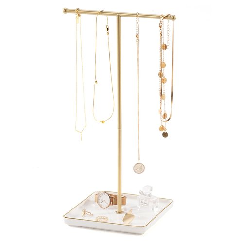 Lolalet Necklace Holder, Jewelry Display Stand with Ceramic Base Tray Jewelry Organizer Tree for Necklaces Bracelets Earrings Rings -White, 1 Tier