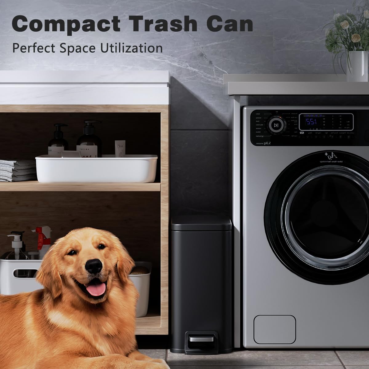Skiennix Slim Bathroom Trash Can - 1.6 Gallon Stainless Steel with Soft Close Lid & Removable Inner Bucket