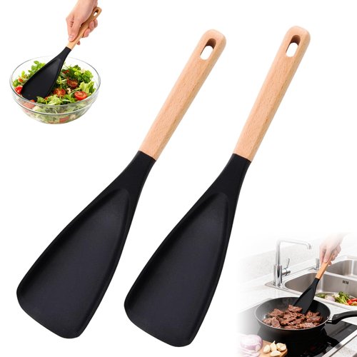 Silicone Spatula Spoon, Cedar and Ash Spoonula, Multifunction Spatula Cooking Spoon for Nonstick Cookwares with Lengthed Wooden Handle, for Mixing, Scoop, and Scrape (2 Black)