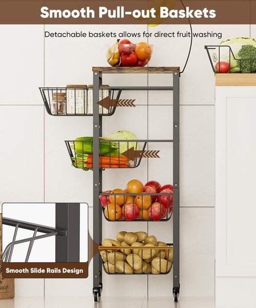 Tigerden Fruit Vegetable Storage Cart for Kitchen, 5-Tier Vegetable Stand Rack with Pull-Out Fruit Baskets, Rolling Snack Cart with Wood Top & Banana Holder for Pantry, Living Room, Bathroom, Black