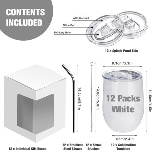 BetterSub12 oz Sublimation Wine Tumblers, Double Wall Insulated Stainless Steel Sublimation Cups with Lid, Metal Straw, Brush, Individually Display Box, White (12 Packs White)