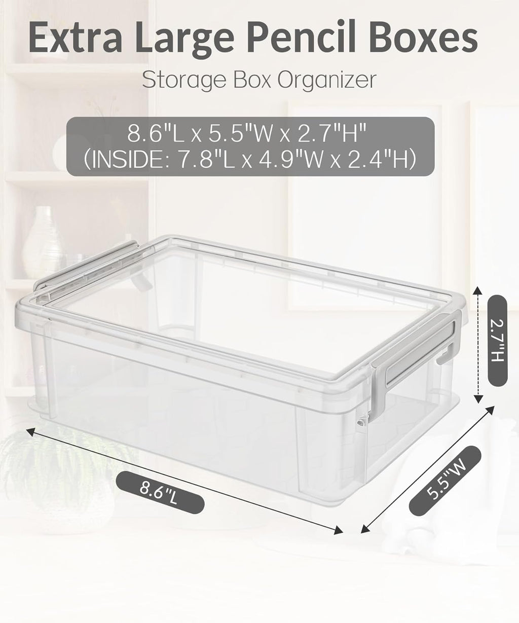 Sooez Extra Large Pencil Box Set - Clear Plastic Organizer with Lid | Stackable Storage for Art Supplies, Grey