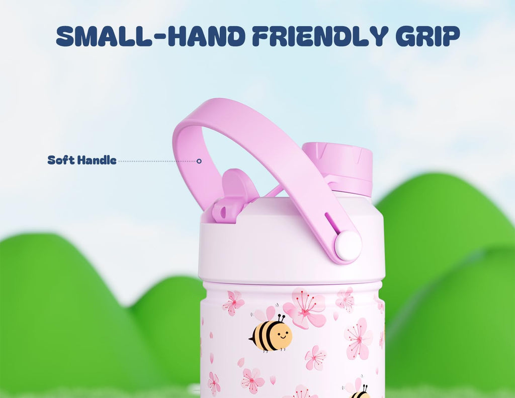 Skiennix 12 oz Kids Stainless Steel Water Bottle - Leakproof 2-in-1 Straw Lid, BPA-Free, Cute Bee Design