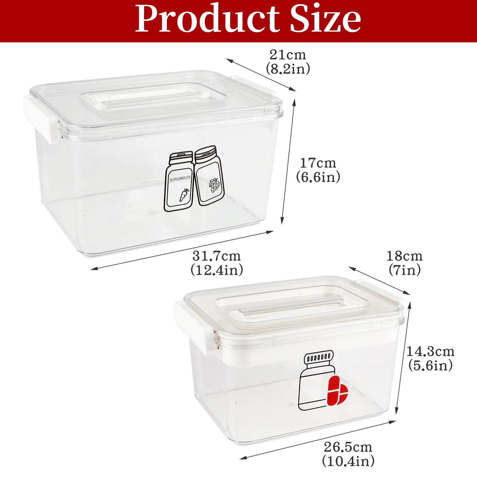 Xbopetda First Aid Box Empty and Vitamin Bottle Organizer Set, Clear Plastic Medical Box with Snap-Off Lid & Handle for Supplements Medicine Storage