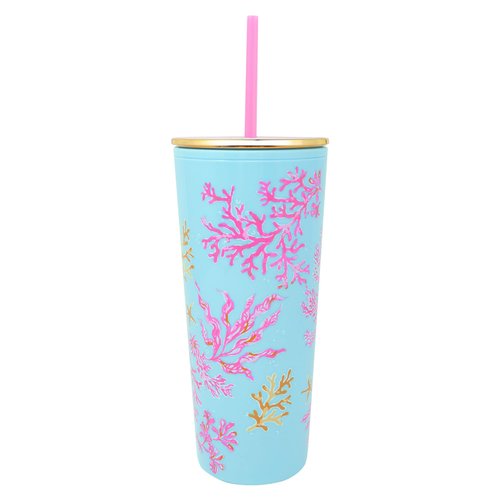 Lilly Pulitzer Double Wall Tumbler with Lid and Reusable Straw, Insulated Travel Cup Holds 24 Ounces (Royal Coral)