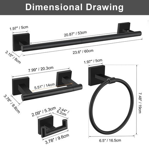 Matte Black Towel Bar Set, 5 Pieces Double Dase Toilet Paper Holder Bathroom Hardware Set, 23.6 Inch Stainless Steel Towel Racks for Bathroom Wall Mounted