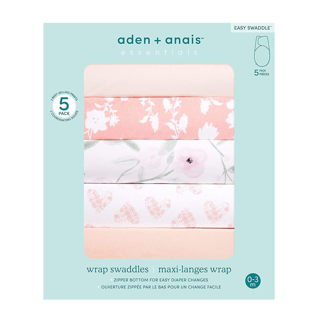 aden + anais Essentials Easy Swaddle Wrap Quick Change with Bottom Zipper, Snug Cotton Knit Baby Wrap Swaddle Blanket for Newborns, TOG 1.0, 5 Pack, Feminine Florals, 0-3 Months, Small/Medium