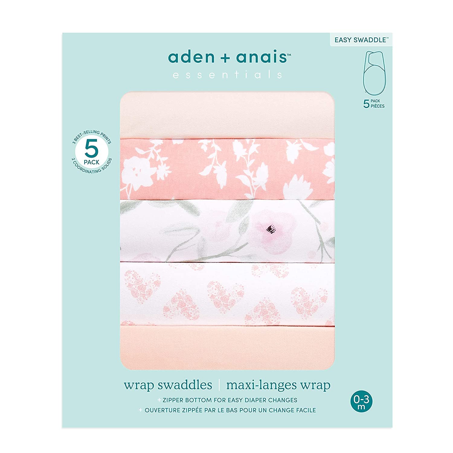 aden + anais Essentials Easy Swaddle Wrap Quick Change with Bottom Zipper, Snug Cotton Knit Baby Wrap Swaddle Blanket for Newborns, TOG 1.0, 5 Pack, Feminine Florals, 0-3 Months, Small/Medium