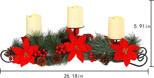 MorTime Christmas Centerpiece - 3 Candle Holders with Red Flowers, Berries & Pinecones | Indoor Holiday Decor