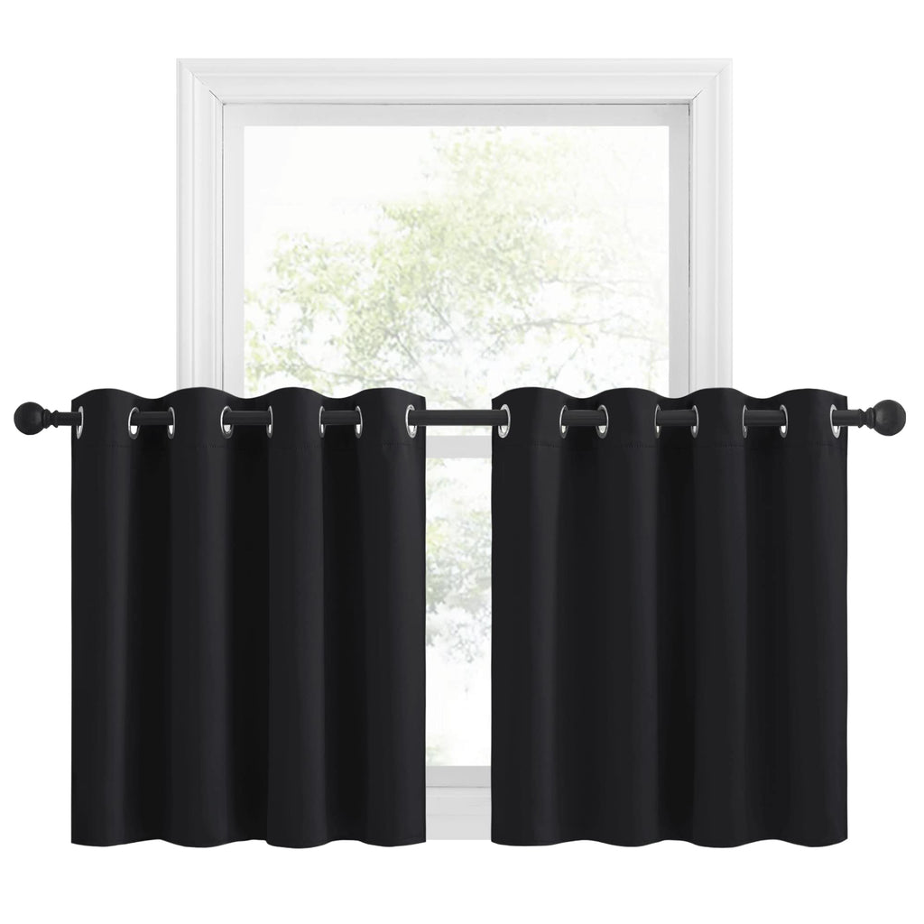 NICETOWN Short Tiers Blackout Curtains for RV Bedroom Windows, Room Darkening Grommet Curtain Tiers for Basement/Bedroom/Halloween Decor, 52 W x 30 L, Black, Set of 2