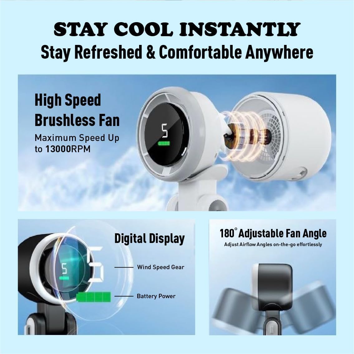 Skiennix Portable Handheld Turbo Fan - 3-in-1 Battery Operated with 5 Speeds | 20-Hour Runtime, Black