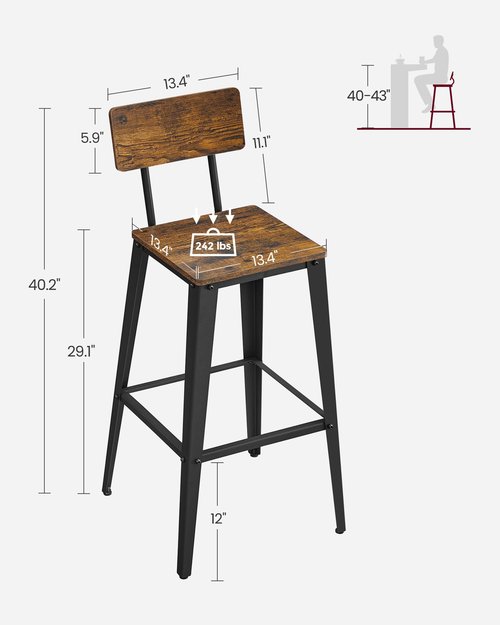 VASAGLE Set of 2 Bar Stools, Bar Height Stools, 29.1 Inches Tall Barstools with Back, Counter Bar Chairs for Kitchen Island, Steel Frame, Industrial Style, Easy Assembly, Rustic Brown and Ink Black